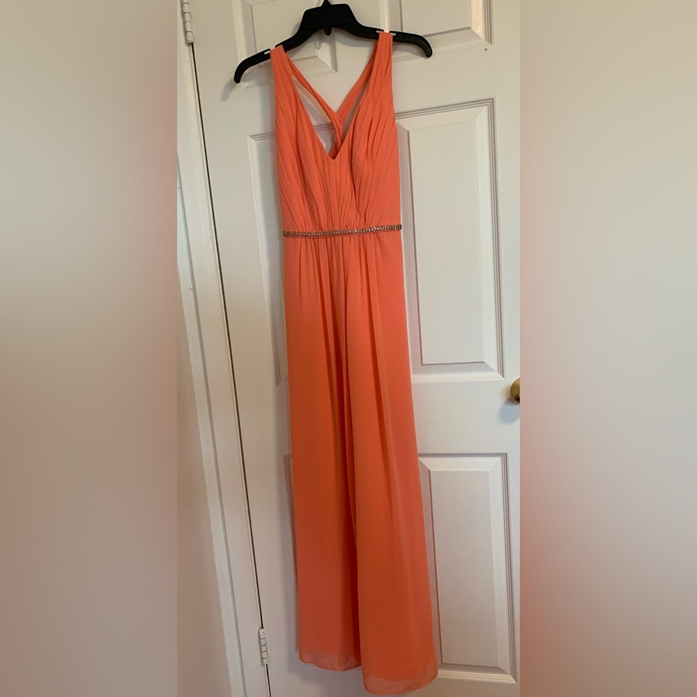 Coral Chiffon Long Dress w/ Crisscross Back (Evening/ Bridesmaid/ Prom/ Wedding)